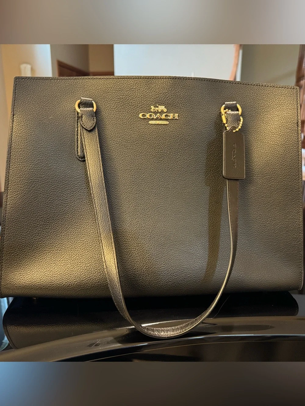 Coach Black Leather Tote with Red Interior Accent